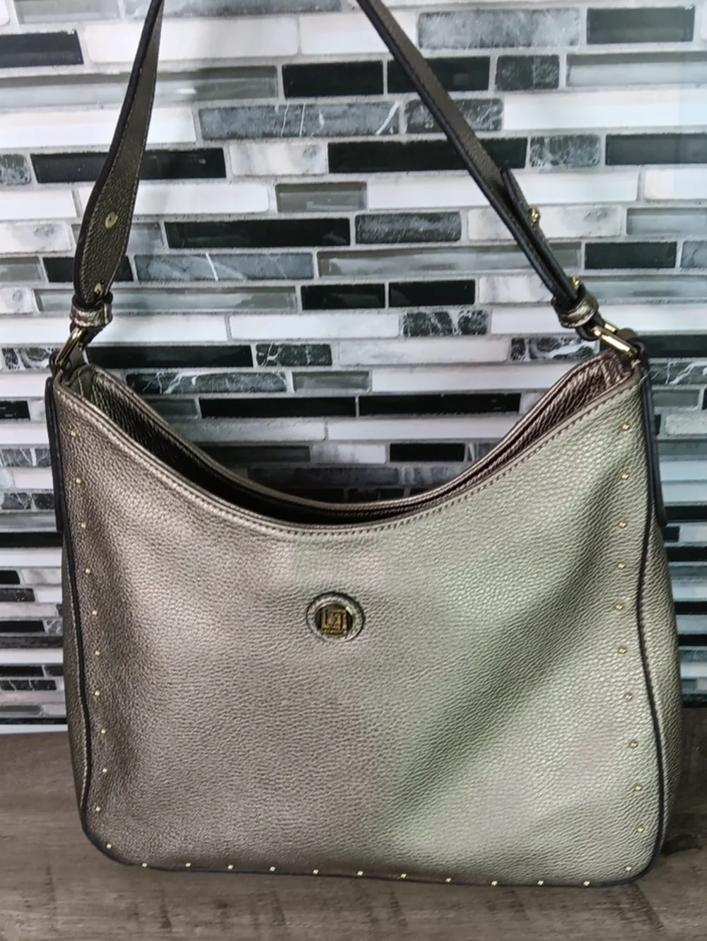 Liz Claiborne Gold Pebbled Leather Studded Hobo Bucket Purse